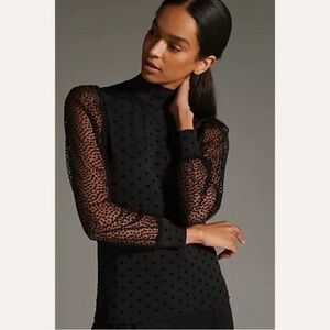 Anthropologie Eva FrancoBlack Sheer Polka Dot Mock Neck Top